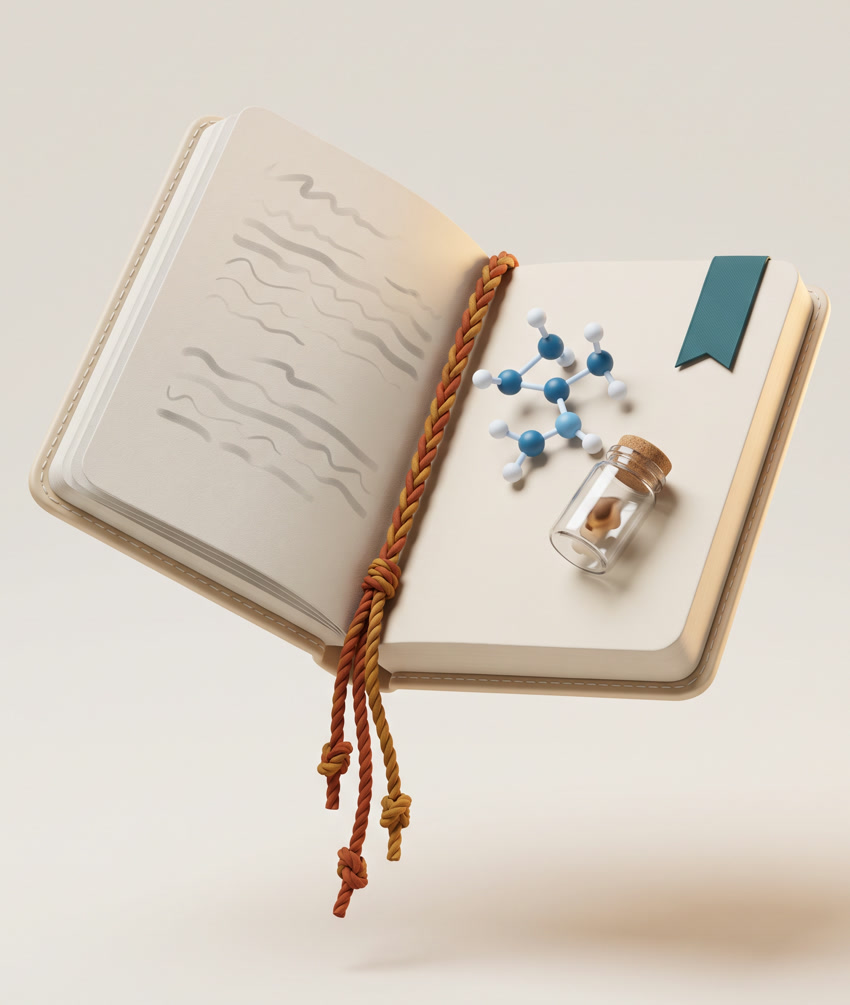 Ilustración 3D de un cuaderno de investigación abierto, con un modelo molecular, un frasco de espécimen y un cordón de quipu anudado en la costura