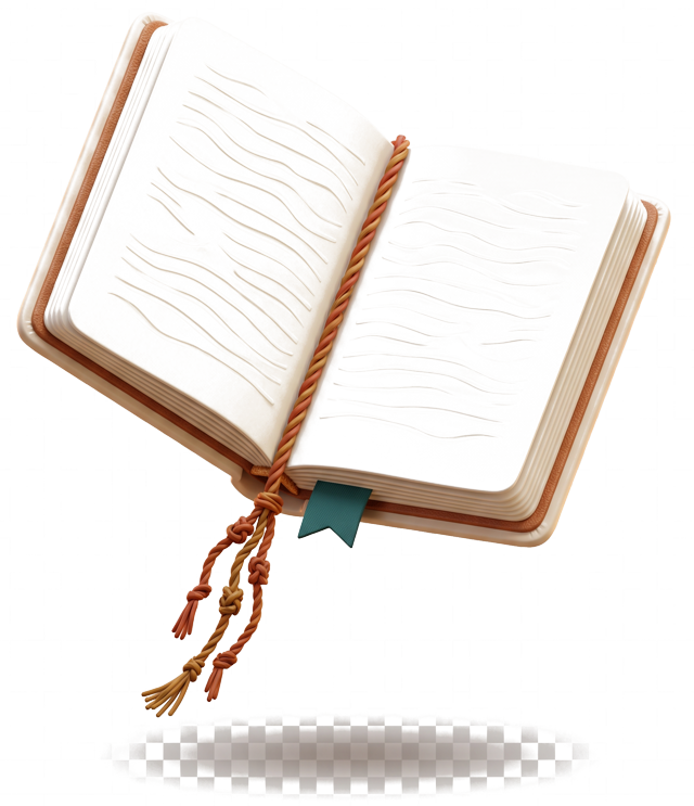 Cuaderno de investigación abierto, ilustración 3D, con un cordón de quipu anudado en la costura